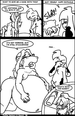 anthro belly belly_expansion bodily_fluids breasts crying ear_piercing erection expansion feet_first female female/female freckles genitals group hungover inflation male nude oral_vore partially_inside penis piercing same_size_vore soft_vore tears text vore rancid common_hippopotamus hippopotamid lagomorph leporid mammal monotreme platypus rabbit undead zombie 2008 comic english_text monochrome