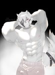 abs anthro areola armpit_hair armpit_tuft body_hair bottomwear clothing eye_patch eyewear flexing fur hair looking_at_viewer male muscular muscular_anthro muscular_male pants solo tail v-line white_body white_fur dobbodob_69 mihoyo zenless_zone_zero von_lycaon canid canine canis mammal wolf 2023 hi_res