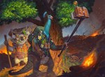 aloha_shirt ambiguous_gender anthro binoculars biped blue_body blue_feathers clothing duo eyewear fanny_pack feathers fire fungus glasses holding_selfie_stick leaf leaf_in_mouth pattern_clothing pattern_shirt pattern_topwear plant selfie_stick shirt taking_picture topwear tree chris_seaman hasbro magic:_the_gathering wizards_of_the_coast avian bird galliform hybrid koala mammal marsupial peafowl phasianid scalie vombatiform official_art signature