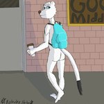 anthro backpack backpack_only butt coffee_cup container cup door male nude public public_nudity school sign solo young rokukeshiba long-tailed_weasel mammal mustelid musteline true_musteline weasel 1:1 hi_res