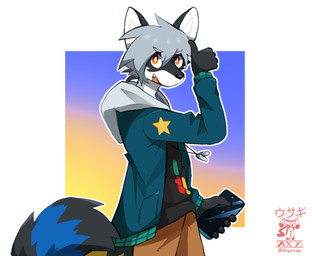 5_fingers anthro bottomwear cellphone clothing electronics facial_markings fingers gloves_(marking) gradient hair head_markings holding_cellphone holding_object holding_phone hood jacket jewelry male markings necklace pants phone simple_background smile solo star tail topwear axy_usagi jean_(axy_usagi) mammal procyonid raccoon watermark