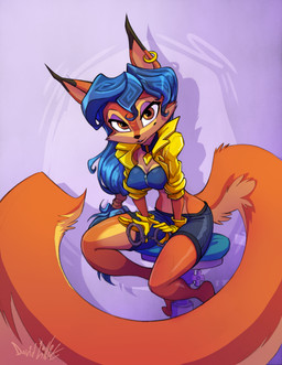 anthro blue_hair bottomwear breasts brown_eyes clothing collar cuff_(restraint) dipstick_ears ear_markings ear_piercing ear_ring eyebrows female furniture gloves hair handcuffs handwear jacket metal_cuffs midriff mole_under_eye multicolored_ears orange_body piercing restraints ring_piercing shorts sitting solo stool tan_body topwear david_lillie sly_cooper_(series) sony_corporation sony_interactive_entertainment sucker_punch_productions carmelita_fox canid canine fox mammal 2026 hi_res