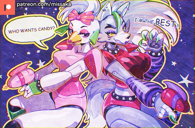 anthro biped bottomwear breasts clothing crop_top duo female looking_at_viewer machine nails ranged_weapon raygun sharp_nails shirt shorts snout speech_bubble text topwear weapon yellow_sclera missaka five_nights_at_freddy's five_nights_at_freddy's:_security_breach scottgames steel_wool_studios glamrock_chica roxanne_wolf animatronic avian bird canid canine canis mammal robot wolf english_text