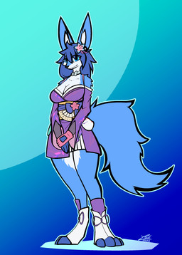 anthro asian_clothing big_breasts blue_body blue_eyes blue_fur blue_hair breasts choker cleavage clothed clothing east_asian_clothing female flower flower_on_head fluffy fluffy_tail footwear fur hair hand_fan inner_ear_fluff japanese_clothing jewelry kimono laces long_ears long_hair long_tail mask multicolored_body necklace plant purple_clothing purple_kimono skimpy smile smiling_at_viewer standing tail tuft two_tone_body white_body white_fur conditional_dnp lodi_(artist) canid canine fox mammal absurd_res hi_res