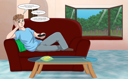 5_fingers arm_support bottomwear brown_hair chips_(food) clothed clothing coffee_table controller cushion dialogue fingers food furniture green_eyes hair holding_object human_only inside leaning_on_elbow living_room looking_at_viewer male not_furry pants plant reclining remote_control shirt sofa solo speech_bubble t-shirt table text topwear tree v-neck window runningtoaster human mammal 2019 absurd_res digital_drawing_(artwork) digital_media_(artwork) english_text hi_res