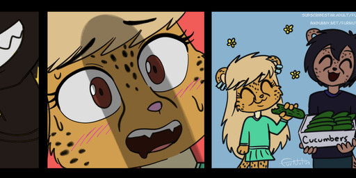 age_difference anthro biped black_hair black_spots blonde_hair blush blush_lines bodily_fluids bottomwear closed_smile clothed clothing cucumber dialogue duo ear_piercing ear_ring eating eyebrows eyes_closed female food fruit fur grin hair holding_cucumber holding_food holding_object humor larger_male long_hair male markings mouth_closed older_male open_mouth pants piercing pink_nose plant ring_piercing shirt short_hair simple_background size_difference skirt smaller_female smile speech_bubble spots spotted_body sweat tan_body tan_fur teeth text tongue topwear young young_anthro young_female younger_female furnut kamilia_schwartzvald_(darkd) cheetah felid feline mammal 2026 absurd_res english_text hi_res