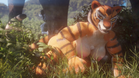 anthro areola blue_eyes breasts cheek_tuft countershading crouching duo facial_markings facial_tuft female female_focus forest forest_background fur grass grin head_markings hiding hiding_behind_object light looking_at_viewer male markings medium_breasts nipples nude orange_body orange_fur outside pink_nipples plant red_eyes sagging_breasts smile solo striped_body striped_fur stripes sunlight tail teeth_showing tree tuft whiskers white_body yellow_sclera johnwulffe dreamworks kung_fu_panda mythology dereck_(johnwulffe) master_tigress dragon felid feline felis mammal mythological_creature mythological_scalie pantherine scalie tiger 3d_(artwork) digital_media_(artwork) hi_res