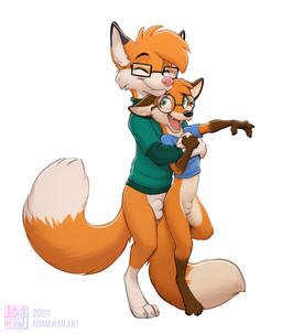 animal_genitalia anthro balls bottomless clothed clothing duo eyewear fluffy fluffy_tail genitals glasses hair hug hugging_another hugging_from_behind male open_mouth open_smile sheath size_difference smile standing tail young zaush canid canine fox mammal hi_res brother_(lore) brothers_(lore) sibling_(lore)