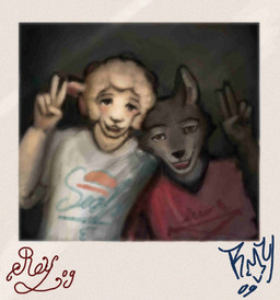 anthro clothing duo ears_back ears_up fur gesture grey_body grey_fur hand_gesture horn looking_at_viewer male male/male open_mouth pivoted_ears raised_arm shirt smile smiling_at_viewer teeth teeth_showing text text_on_clothing topwear v_sign wool_(fur) reynard_goodfellow reynard_the_baa bovid canid canine canis caprine mammal sheep wolf hi_res