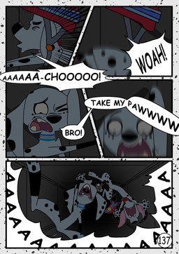 black_ears black_nose black_spots blue_collar collar dialogue duo falling female feral flashlight freckled_face freckles fur grey_body grey_fur heterochromatic_ears leg_markings male markings orange_collar red_collar red_helmet socks_(marking) speech_bubble spots text toony ventilation ventilation_shaft white_body white_fur white_spots redundantmodule 101_dalmatian_street 101_dalmatians disney big_fee_(101_dalmatians) dolly_(101_dalmatians) dylan_(101_dalmatians) sid_(101_dalmatians) canid canine canis dalmatian domestic_dog mammal murid murine rat rodent sciurid tree_squirrel comic english_text hi_res