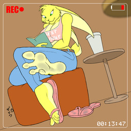 4_toes anthro barefoot big_feet biped book breasts camera_view clothed clothing container cup dirty dirty_feet feet female foot_focus footwear fur furniture green_eyes humanoid_feet plantigrade reading recording sandals shoes soles solo table text toes yellow_body yellow_fur conditional_dnp zp92 jenn_hare lagomorph leporid mammal rabbit 1:1 2015 digital_media_(artwork) hi_res