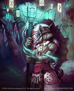 anthro clothing feather_hat holding_object holding_staff jewelry loose_feather male pendant plant red_clothing solo staff tail text tree tealfuleyes hex:_shards_of_fate canid mammal 2013 digital_media_(artwork) official_art url