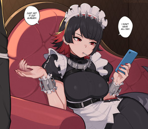 big_breasts black_hair blue_phone breasts clothing colored_nails duo ear_piercing female fin grey_tail hair inside lollipop_in_mouth maid_uniform male male/female mole_under_eye nails piercing red_armchair red_eyes red_hair_tips red_nails shark_tail short_hair sitting speech_bubble tail tan_body tan_skin thick_tail uniform afrobull mihoyo zenless_zone_zero ellen_joe wise_(zenless_zone_zero) animal_humanoid aquatic aquatic_humanoid fish fish_humanoid human humanoid mammal shark_humanoid 2024 hi_res