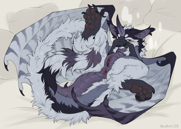 1_horn 4_toes anus bed blush butt claws clitoral_hood clitoris covering covering_face feet female female_feral feral fluffy fluffy_tail fur furniture genitals grey_body grey_fur grey_tail grey_wings horn inner_labia lying membrane_(anatomy) membranous_wings on_back on_bed pawpads presenting presenting_vulva purple_body purple_eyes scuted_arms scutes shy solo spreading tail toe_claws toes vulva wing_claws wings hioshiru mythology hioshiru_(character) dragon mythological_creature mythological_scalie scalie 2025 digital_drawing_(artwork) digital_media_(artwork)