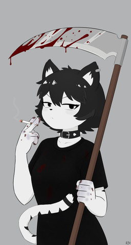 5_fingers anthro blood blood_drip bodily_fluids breasts bruised bruised_finger cigarette clothing collar dripping ear_piercing ear_ring female fingers looking_at_viewer markings melee_weapon piercing polearm ring_piercing scythe shirt small_breasts solo spiked_collar spikes striped_markings striped_tail stripes t-shirt tail tail_markings topwear unimpressed weapon razval valeria_(razval) domestic_cat felid feline felis mammal absurd_res hi_res