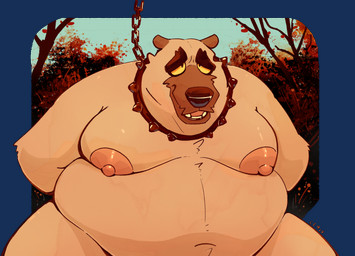 anthro belly big_belly blue_sky bound chain chained collar fangs front_view fur hands_behind_back male male_anthro moobs nipples nude obese obese_anthro obese_male open_mouth outside overweight overweight_anthro overweight_male pink_nipples pink_tongue sky solo spiked_collar spikes tan_body tan_fur teeth tongue chocolateandmilk bear mammal alpha_channel hi_res