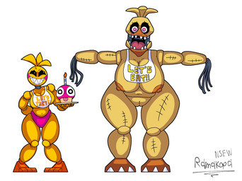 anthro areola avian_feet beak beakless big_breasts black_sclera breasts clothing duo eyelashes feathers female front_view genitals hand_behind_back head_feathers head_tuft huge_breasts looking_at_viewer machine navel nipples nude open_mouth orange_areola orange_nipples panties pink_clothing pink_panties pink_underwear purple_eyes rosy_cheeks sharp_teeth simple_background size_difference smile teeth text thick_thighs toothed_beak tuft underwear vulva white_background white_eyes wide_hips wire yellow_body yellow_feathers ramakopa five_nights_at_freddy's five_nights_at_freddy's_2 scottgames toy_chica_(fnaf) withered_chica_(fnaf) animatronic avian bird chicken galliform phasianid robot english_text hi_res