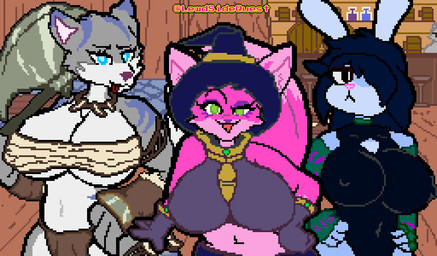anthro big_breasts breasts female group huge_breasts magic_user necromancer tavern trio warrior lewdsidequest laurel_(lewdsidequest) lena_(lewdsidequest) sally_(lewdsidequest) canid canine canis fennec_fox fox lagomorph leporid mammal rabbit true_fox wolf hi_res