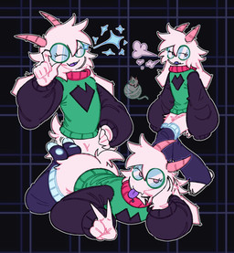 anthro bare_butt clothing eyewear femboy gesture glasses hand_gesture horn legwear lying male pink_horn stockings sweater tongue tongue_out topwear v_sign wearing_glasses morxwx deltarune undertale_(series) ralsei bovid caprine goat mammal hi_res
