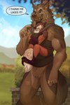 4_toes 5_fingers annoyed anthro baby_carrier belly_riding blurred_background bound brown_body brown_eyes brown_fur carrying_another claws crossed_arms crotch_tuft dialogue digitigrade duo ears_back ears_down facial_piercing fangs fannypacking feet finger_claws fingers frown fur larger_male leaf leg_markings male mane markings multicolored_body multicolored_fur nose_piercing outside pawpads paws piercing pivoted_ears plant size_difference smaller_male smile socks_(marking) speech_bubble standing tail tail_between_legs teeth text toes tree tuft two_tone_body two_tone_fur yellow_eyes zempy3 canid canine canis mammal wolf 2022 2:3 absurd_res english_text hi_res