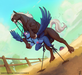 anthro anthro_on_feral anthro_penetrated bdsm bestiality blue_body blush bondage bound breasts brown_body detailed_background duo feathered_wings feathers female female_on_feral female_penetrated feral feral_penetrating feral_penetrating_anthro male male/female male_on_anthro male_penetrating nude outside penetration penile penile_penetration sex wings sugarlesspaints avian bird equid equine horse mammal 2026 hi_res