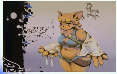 anthro asemic_writing belly big_belly big_breasts blonde_highlights bottomwear bra breasts chest_tuft claws clothing ear_piercing female fur highlights_(coloring) jacket navel overweight piercing shorts solo tan_body tan_fur topwear tuft underwear rosiamn pquen_(rosiamn) bat mammal