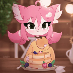 anthro bell bell_collar black_eyes black_nose blueberry_(fruit) clothed clothing collar cutlery eating eyebrows female food fork front_view fruit fur furniture hair holding_food holding_object inner_ear_fluff inside kitchen_utensils looking_at_viewer pancake pink_hair plant plate sitting solo strawberry sweater table tan_body tan_fur tools topwear tuft ssnejikk ambiguous_species 1:1 2026 2d_animation animated frame_by_frame