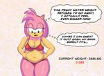 annoyed anthro belly belly_overhang belly_squish blush bottomwear breasts clothing eyelashes female muffin_top navel overweight overweight_anthro overweight_female pink_body slightly_chubby solo squish standing swimwear text thick_thighs tight_bottomwear tight_clothing two-piece_swimsuit weight_gain weight_gain_drive allola1101 sega sonic_the_hedgehog_(series) amy_rose eulipotyphlan hedgehog mammal 2024 digital_drawing_(artwork) digital_media_(artwork) english_text hi_res