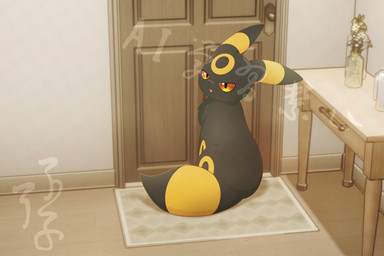 ambiguous_gender black_body black_fur door doormat feral fur furniture kemono looking_back open_mouth orange_eyes sitting sitting_on_ground solo table hirochanu nintendo pokemon eeveelution generation_2_pokemon pokemon_(species) umbreon 2026 3:2 distracting_watermark hi_res watermark