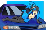 anthro big_ears bikini car chest_spike clothed clothing collar crossdressing femboy hand_on_hip hand_spike headlights leash looking_at_viewer male on_car orange_eyes simple_background solo spikes spikes_(anatomy) swimwear tail thick_thighs two-piece_swimsuit vehicle window lewott nintendo nissan nissan_skyline pokemon generation_4_pokemon lucario pokemon_(species) 3:2