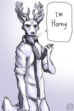 animal_genitalia anthro antlers balls bottomless cigarette clothed clothing genitals horn looking_at_viewer male necktie penis penis_tip sheath short_tail simple_background solo standing tail text sunny_frostwolf beastars louis_(beastars) cervine deer mammal red_deer artist_name english_text hi_res monochrome portrait three-quarter_portrait