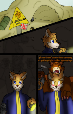 anthro blush cave clothed clothing dark duo flashlight fur gun hair looking_at_viewer male male/male nude open_mouth ranged_weapon smile text tongue translucent vault_suit weapon firestrot fallout microsoft sebastian_clank canid canine fox mammal night_stalker_(fallout) absurd_res hi_res shaded