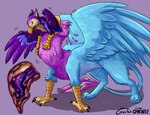 avian_feet beak blue_body bodily_fluids drooling esophagus feathered_crest feathered_wings feathers feral feral_pred feral_prey green_eyes head_crest internal larger_pred male male_pred male_prey neck_bulge oral_vore paws pink_body quadruped saliva size_difference tail tail_tuft tuft vore wings gyrotech ovens mythology arrox gyro_feather avian bird galliform gryphon mythological_avian mythological_creature peafowl phasianid hi_res