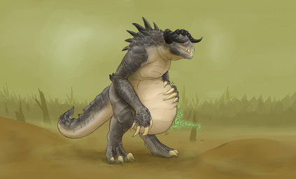 abdominal_bulge after_vore anthro belly big_belly claws finger_claws fully_inside hand_on_belly horn male rumbling_stomach scutes solo spikes spikes_(anatomy) tail teeth thick_tail toe_claws vore amnesiaaisenma fallout microsoft deathclaw reptile scalie