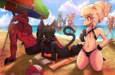 anthro arm_tattoo beach clothing female fluffy fur group hair male open_mouth outside sand sea seaside smile summer swimwear tail tattoo water potatosheep lucipurr agatha_(potatosheep) bonnie_(potatosheep) lucifer_(potatosheep) miguel_(potatosheep) molly_(potatosheep) avian bird bovid caprine domestic_cat felid feline felis goat lagomorph leporid mammal rabbit sheep digital_media_(artwork) hi_res
