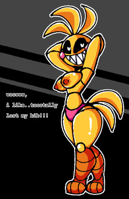 anthro black_background black_sclera clothed clothing dialogue feathers female front_view grey_background hands_behind_head head_feathers head_tuft heart_eyes heart_symbol looking_at_viewer machine panties pink_clothing pink_panties pink_underwear rosy_cheeks sharp_teeth simple_background smile solo tail tail_feathers talking_to_viewer teeth text thick_thighs topless tuft underwear white_eyes wide_hips yellow_body yellow_feathers oddity_ast five_nights_at_freddy's five_nights_at_freddy's_2 five_nights_at_frickbear's_(series) five_nights_at_frickbear's_2 scottgames toy_chica_(fnaf) toy_chica_(frickbear's) animatronic avian bird chicken galliform phasianid robot 2026 digital_media_(artwork) english_text hi_res
