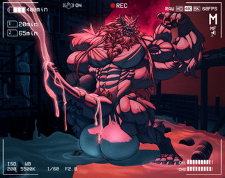 abs anthro balls bared_teeth big_balls big_muscles big_penis bodily_fluids camera_view chest_tuft claws cum cum_flooding cumshot digitigrade ejaculation excessive_cum excessive_genital_fluids facial_hair fangs finger_claws flexing flexing_bicep genital_fluids genitals hair heterochromia huge_balls huge_muscles huge_penis hyper hyper_balls hyper_cum hyper_genitalia hyper_muscles hyper_penis knot knotted_penis long_hair looking_at_viewer male muscular muscular_arms muscular_male penis pubes red_hair solo teeth toe_claws tuft icewolf mythology canid canine canis mammal mythological_canine mythological_creature werecanid werecanine werecreature werewolf wolf hi_res