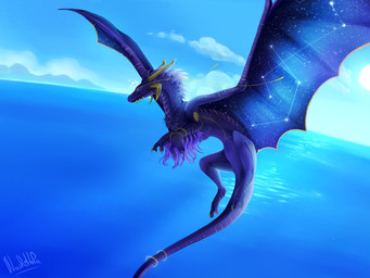 claws cosmic_wings day detailed_background feral horn membrane_(anatomy) membranous_wings outside sky solo spines tail wings nashiholy european_mythology mythology dragon mythological_creature mythological_scalie scalie western_dragon 2018 4:3 absurd_res digital_media_(artwork) hi_res