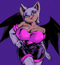anthro big_breasts biped black_wings breasts cleavage clothed clothing eyeshadow female fully_clothed gloves green_eyes half-closed_eyes handwear huge_breasts makeup narrowed_eyes pink_clothing slightly_chubby slightly_chubby_anthro slightly_chubby_female smile smiling_at_viewer smirk smirking_at_viewer solo thick_thighs white_clothing white_gloves white_handwear wide_hips wings redandblacktac sega sonic_the_hedgehog_(series) rouge_the_bat bat mammal hi_res