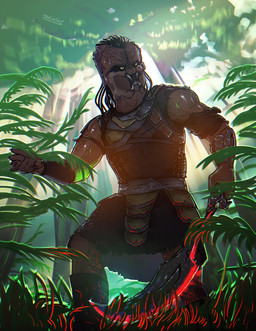 clothed clothing dreadlocks forest jungle male mandibles melee_weapon plant red_glow scales scratch solo sword tree weapon jackiry predator:_badlands predator_(franchise) dek_(predator) alien humanoid yautja absurd_res hi_res