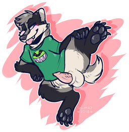 animal_genitalia animal_penis anthro balls black_body black_fur blue_eyes blush blush_lines bottomless clothed clothing erection fur genitals grey_body grey_fur male one_eye_closed pawpads paws penis raised_leg semi-anthro sheath shirt shirt_only solo spread_legs spreading t-shirt t-shirt_only tail tongue tongue_out topwear topwear_only white_body white_fur wink shlimaz baz_badger badger european_badger mammal meles mustelid musteline hi_res