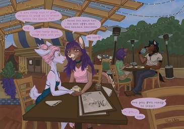 albino anthro blue_clothing brown_body brown_fur brunch cafe chair clothing cloud collar crop_top dress female female/female fur furniture group hair male menu pink_hair plant purple_hair shirt speech_bubble string_lights table topwear yellow_eyes purliwhite amethyst_(purliwhite) bianca_(purliwhite) purli torren_(purliwhite) bear canid canine canis deer domestic_cat felid feline felis hybrid mammal polar_bear siamese_cat ursine wolf hi_res