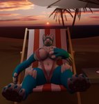 anthro beach beach_umbrella big_breasts blue_body blue_fur breasts clothed clothing cloud female fur palm_tree parasol plant seaside sky solo sunset tree white_body white_fur jimmykoke123 mamagen mammal 3d_(artwork) blender_(artwork) digital_media_(artwork) hi_res