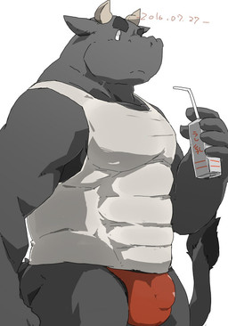 anthro bendy_straw beverage bulge clothing detailed_bulge drinking_straw genital_outline grey_body horn male muscular muscular_anthro muscular_male penis_outline shirt simple_background solo tail tail_tuft tank_top topwear tuft underwear white_background kisukemk777 bovid bovine cattle mammal 2016 dated hi_res