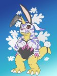 animal_skin anthro blush claws clothed clothing embarrassed fake_ears fake_rabbit_ears fur horn male playboy_outfit red_eyes skimpy solo striped_body striped_fur stripes p.v.su bandai_namco digimon digimon_(species) gabumon hi_res