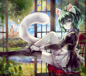 alternative_fashion anthro bangs biped black_clothing black_footwear black_legwear black_socks black_thigh_highs black_thigh_socks blue_eyes castle chair clothed clothing cloud dressing eyelashes female footwear fur furniture goth gothic_lolita grass green_hair hair inner_ear_fluff j-fashion legwear lolita_(fashion) maid_uniform pink_inner_ear plant sitting sky socks solo text thigh_highs thigh_socks tuft uniform white_body white_fur white_inner_ear_fluff tekahika felid feline mammal 2019 artist_name chromatic_aberration digital_media_(artwork) shaded
