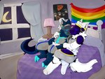 anthro bed blue_body blue_fur cuddling dark_body dark_fur duo fur furniture hug lying lying_on_bed machine male male/male night on_bed pride_color_flag saladbar white_body white_fur ieapfr0g ivanny_(protogen) protogen 4:3 hi_res