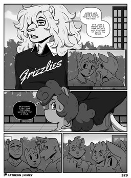 anthro bodily_fluids border bottomwear clothed clothing detailed_background dialogue female front_view group male open_mouth outside pupils side_view size_difference speech_bubble sweat text three-quarter_view topwear white_border nimzy noms_(nimzy) tobi_(nimzy) cricetid felid hamster mammal pantherine rodent comic english_text hi_res monochrome