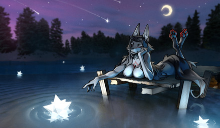 anthro bent_legs big_breasts biped breast_rest breast_squish breasts crescent_moon eyebrows female fur fur_markings grey_body grey_fur grey_hair hair hand_under_chin inner_ear_fluff lake long_hair lying markings moon night nude on_front outside pawpads paws pier plant pointing_at_object reaching_for_object shooting_star sky solo squish star tail tree tuft water wooden_plank elenmory elkir canid canine canis mammal wolf 2025 artist_collaboration digital_drawing_(artwork) digital_media_(artwork) digital_painting_(artwork) hi_res painting_(artwork)