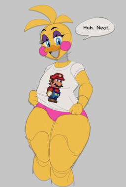 anthro clothing dialogue female panties pink_clothing pink_panties pink_underwear shirt solo t-shirt topwear underwear jamcassette dorkly five_nights_at_freddy's five_nights_at_freddy's_2 mario_bros nintendo scottgames chica_(fnaf) mario toy_chica_(fnaf) avian bird chicken galliform phasianid robot_anthro hi_res sketch source_request